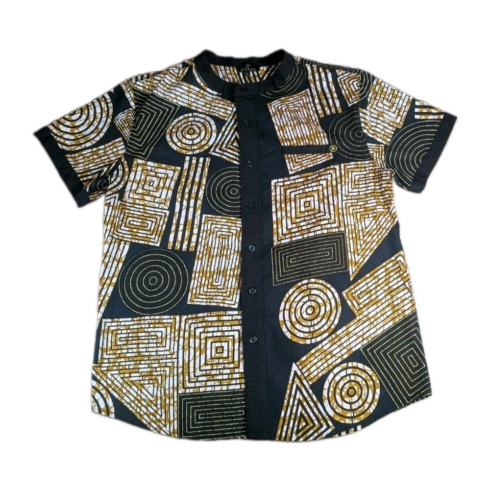 D'IYANU Men's Large African Print Button-Up Shirt Black Gold Geometric 100%